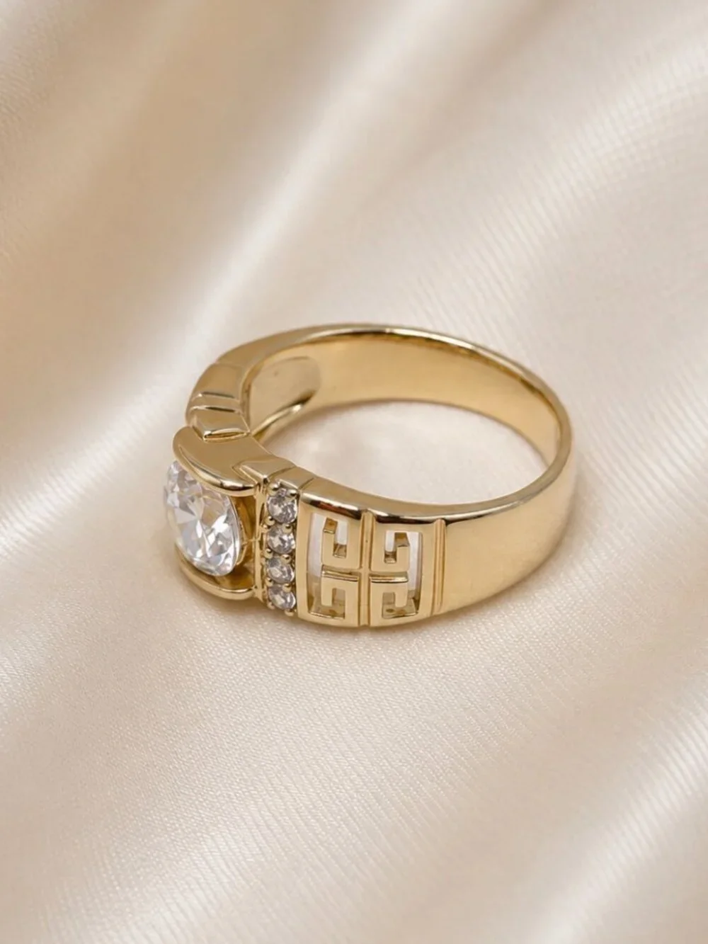 Men's 14K Gold Plated Greek Key Ring -  Iced CZ Statement Band - Brand New!